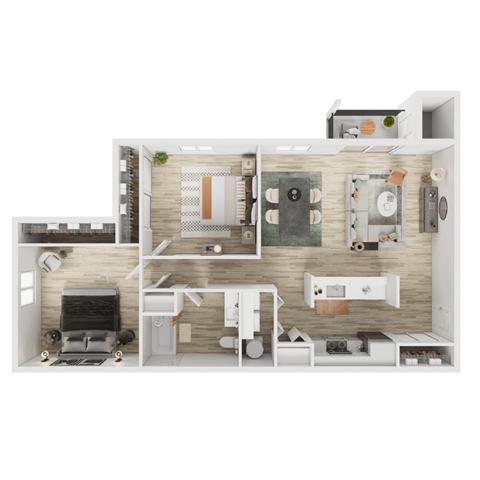 A floor plan of a small apartment with a kitchen, living room, and bathroom.
